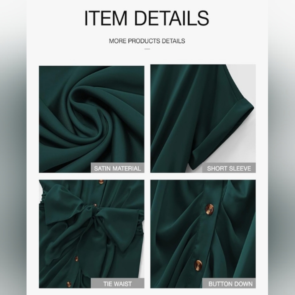 Elegant Green Stretch Satin Midi Shirt. Dress - Picture 4 of 6